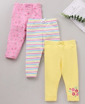 Babyhug Cotton Lycra Full Length Leggings Printed & Stripes Pack of 3 - Yellow Pink Green