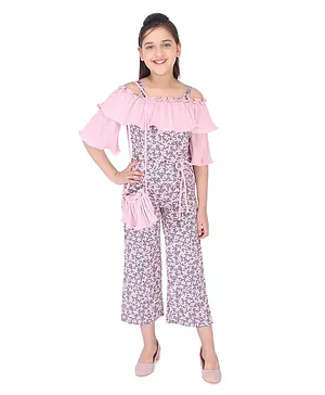 Cutecumber Three Fourth Sleeves Pleated All Over Floral Print Jumpsuit With Sling Bag - Pink