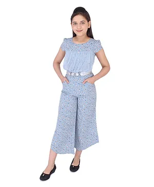 Cutecumber Floral Printed Short Sleeves Crop Length Jumpsuit - Blue