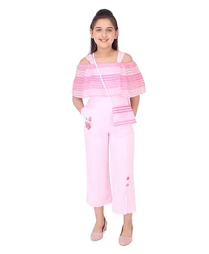Cutecumber Striped Half Sleeves Cold Shoulder Crop Length Jumpsuit With Sling Bag - Pink