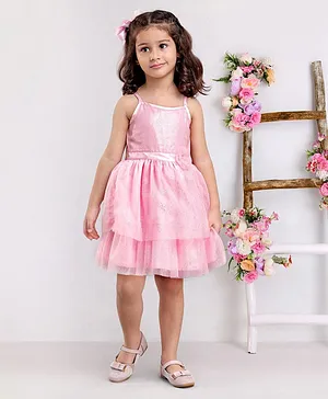 Babyoye Singlet Knee Length Solid Color Party Dress With Corsage - Pink