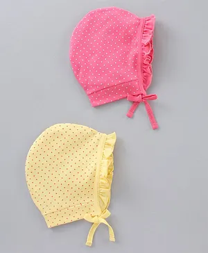 Babyhug 100% Cotton Polka Dot Caps With Knot Pack Of 2 Pink Yellow - Diameter 7.5 cm