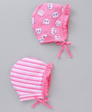 Babyhug 100% Cotton Caps With Knot Stripe & Kitty Face Prints Pack Of 2 Pink - Diameter 7.5 cm