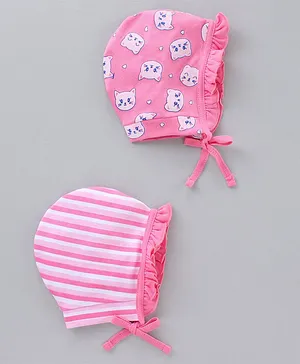 Babyhug 100% Cotton Caps With Knot Stripe & Kitty Face Prints Pack Of 2 Pink - Diameter 9.5 cm