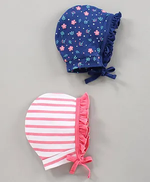 Babyhug 100% Cotton Cap Flower And Stripes Print Pack of 2 - Pink  Blue