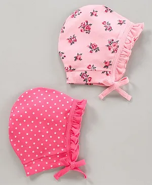 Babyhug 100% Cotton Cap Polka Dot And Floral Print Pack Of 2 Pink - Diameter 7.5 cm
