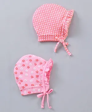 Babyhug 100% Cotton Caps Printed Pack of 2 Pink- Diameter 7.5 cm