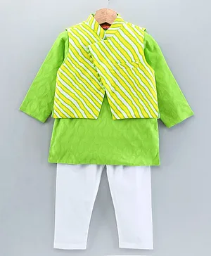 Exclusive from Jaipur Full Sleeves Cotton Kurta Payjama Set With Jacket Stripe Print - Green White