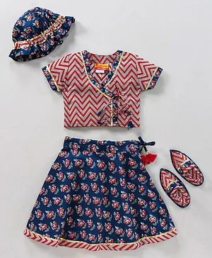 Exclusive from Jaipur Half Sleeves Printed Ethnic Top & Skirt Set With Cap & Booties - Blue Red