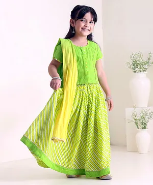 Exclusive from Jaipur Half Sleeves Choli And Striped Ghagra Set With Dupatta - Green