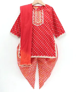 Exclusive from Jaipur Full Sleeves Cotton Printed Kurta Chudidar Set with Dupatta - Red