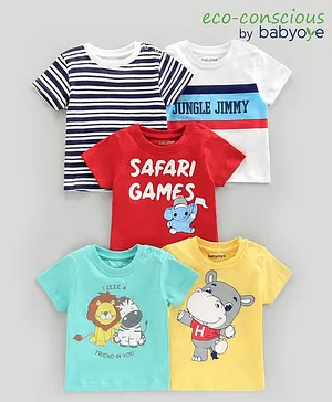 Babyoye Half Sleeves 100% Cotton T-Shirts Stripe Text And Animal Print Pack of 5 - Blue Red Yellow White