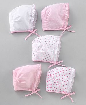 Babyhug Cotton Solid & Polka Dots Printed Caps With Knot Pack Of 5 White Pink - Diameter 9 cm