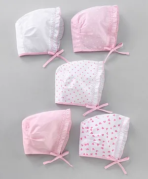 Babyhug Cotton Solid & Polka Dots Printed Caps With Knot Pack Of 5 White Pink - Diameter 9.5 cm