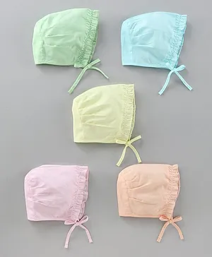 Babyhug Cotton Solid Summer Caps With Knot Pack Of 5 Multicolour - Diameter 10 cm