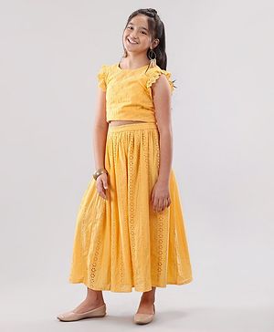 Pine Kids Sleeveless Top & Skirt Set With Schiffli Embroidery - Yellow
