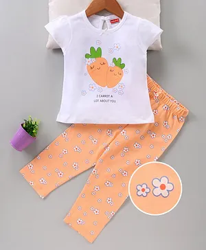 Babyhug Cap Sleeves Night Suit Carrot Print - White Peach