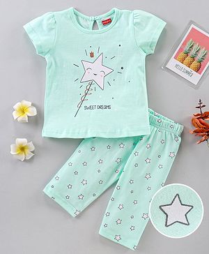 Babyhug Half Sleeves Capri Length Cotton Night Suit Star Print - Blue