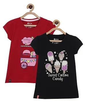 3PIN Pack Of 2 Short Sleeves Cotton Candy And Ice Cream Printed Tee - Red Black