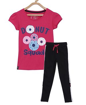 3PIN Short Sleeves Donut Squad Printed Tee With Joggers - Pink