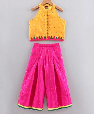 Twisha Sleeveless Collared Top With Contrast Palazzo Pants - Yellow Pink