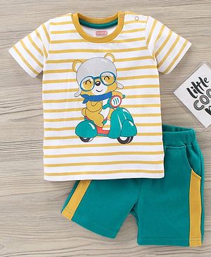 Babyhug Half Sleeve Striped T-Shirt And Knee Length Shorts Bear Print - Yellow Blue