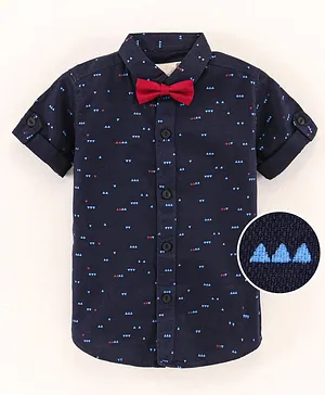 Polka Tots Half Sleeves Boat Print Shirt With Attached Bow Tie