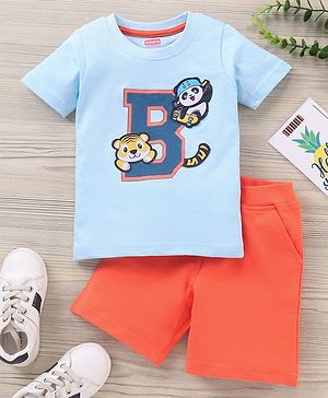 Babyhug Half Sleeves T-Shirt & Shorts Set Animal Print- Blue Red