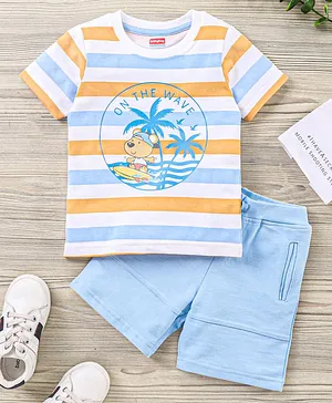 Babyhug Cotton Half Sleeves T-Shirt & Shorts Set Printed - Orange Blue