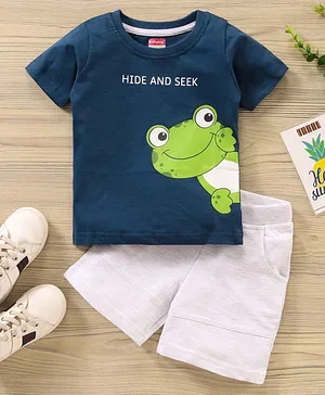Babyhug Half Sleeves T-shirt & Shorts Set Frog Print - Blue