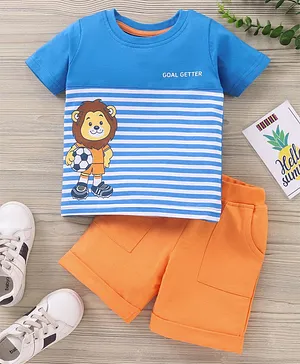 Babyhug Half Sleeves T-Shirt & Shorts Set Animal & Stripes Print - Blue Orange