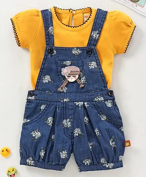 Wow Clothes Dungaree With Half Sleeves Inner Tee Unicorn Print - Mustered