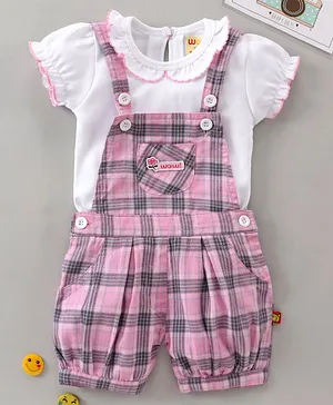 Wow Clothes Dungaree With Half Sleeves Inner Tee Check Print - Pink
