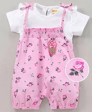 Wow Clothes Dungaree With Half Sleeves Inner T Shirt Floral Print - White Pink