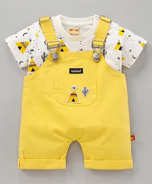 WOW Clothes Dungaree Set with Half Sleeves Tee Hut Print & Patch - White Yellow
