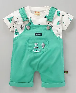 WOW Dungaree Set with Half Sleeves Tee Hut Print & Patch - White Green