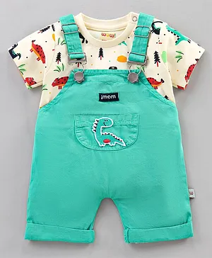 Wow Clothes  Dungaree With Half Sleeves Inner T Shirt Dinosaur Print - Green