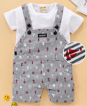 Wow Clothes Dungaree With Half Sleeves Inner Tee Striped - Navy