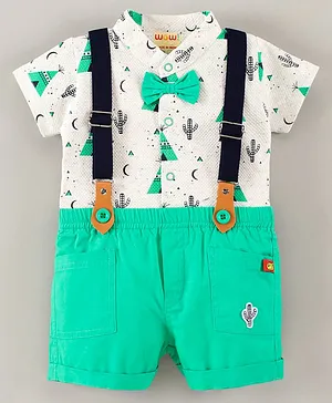 Wow Clothes Half Sleeves Shirt & Shorts With Suspenders Printed- Green White