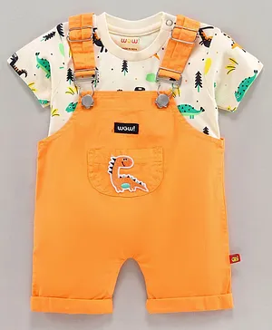 Wow Clothes Dungaree With Half Sleeves Inner T Shirt Dinosaur Print - Orange
