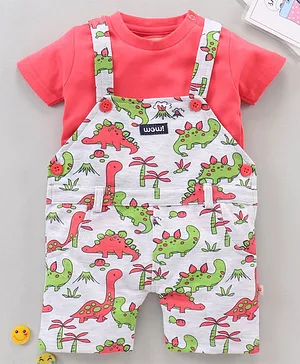 Wow Clothes Dungaree With Half Sleeves Inner Tee Dinosaur Print - Cherry