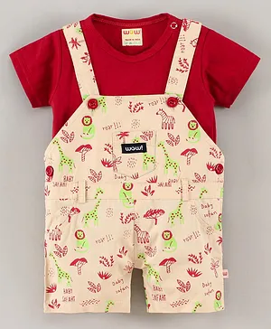 WOW Clothes Dungaree with Inner Tee Leaf Print - Red Peach