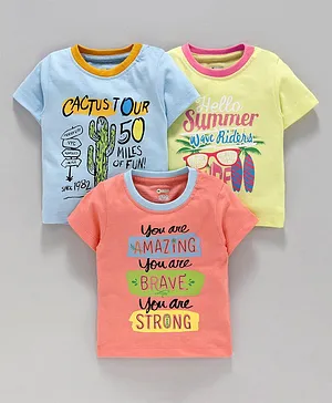 Ohms Half Sleeves T-Shirts Text Print Pack of 3 - Blue Yellow Peach