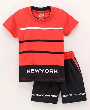 KandyFloss by Amul Half Sleeves T-Shirt & Shorts Set Text & Stripes Print - Red