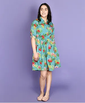 Lilpicks Couture Half Sleeves Floral Print Shirt Dress - Green
