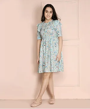 Lilpicks Couture Half Sleeves Floral Print Dress - Turquoise Blue