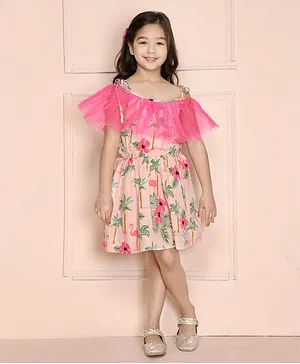 Lilpicks Couture Half Sleeves Flamingo Print Dress - Pink