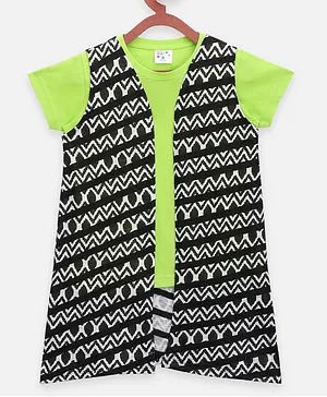 Lilpicks Couture Short Sleeves Top With Printed Shrug - Green & Black