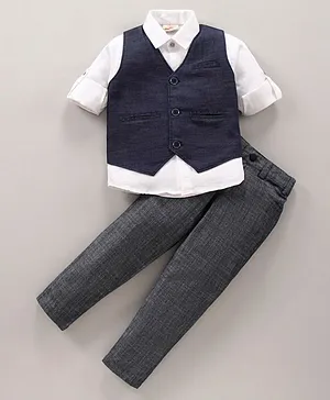Rikidoos Full Sleeves Shirt With Waistcoat & Trousers - White Navy Blue