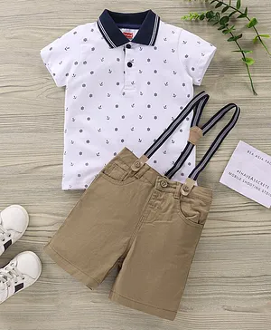 Babyhug Half Sleeves Tee & Shorts With Suspender Anchor Print - Beige